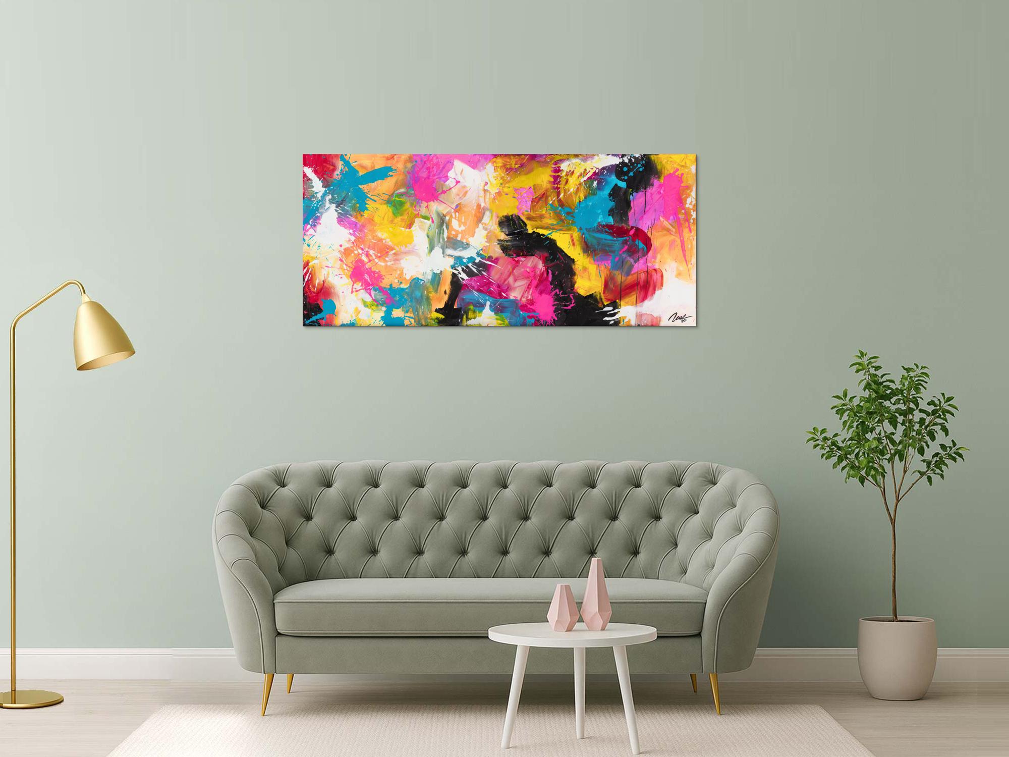 Gemälde Original abstrakt 70x160cm Minimalistisch Modern Art handgemalt Action Painting schwarz orange rot Unikat