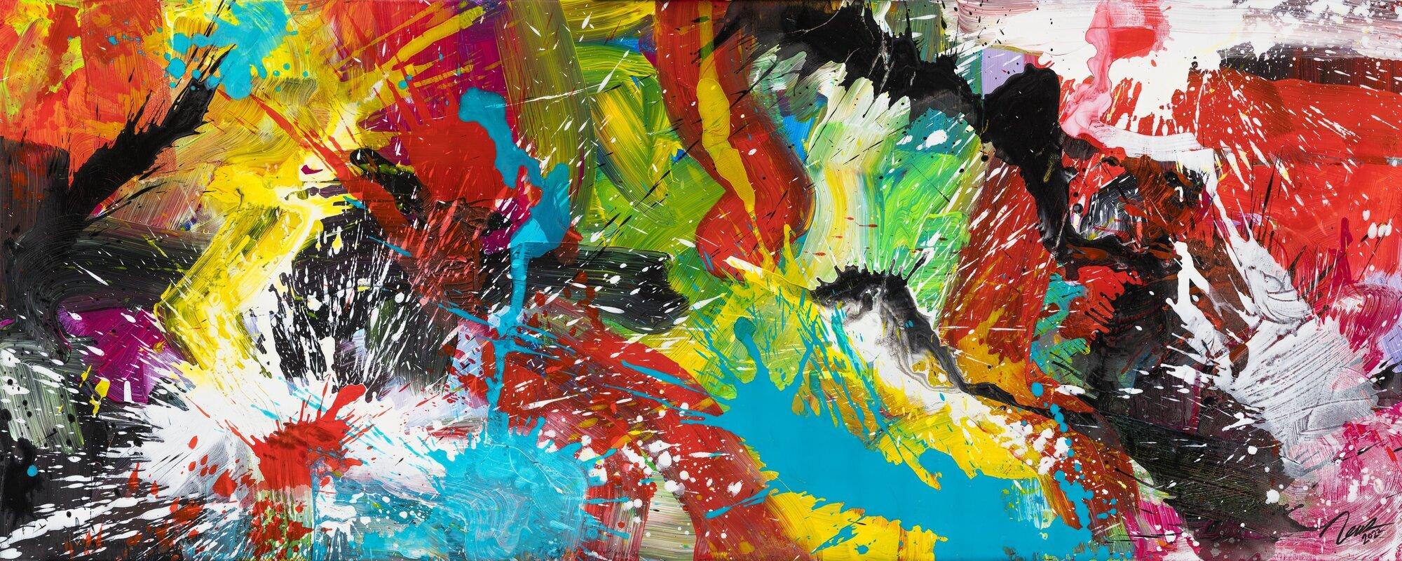 Original Gemälde abstrakt 80x200cm Action Painting zeitgenössisch handgemalt Mischtechnik bunt schwarz rot Einzelstück