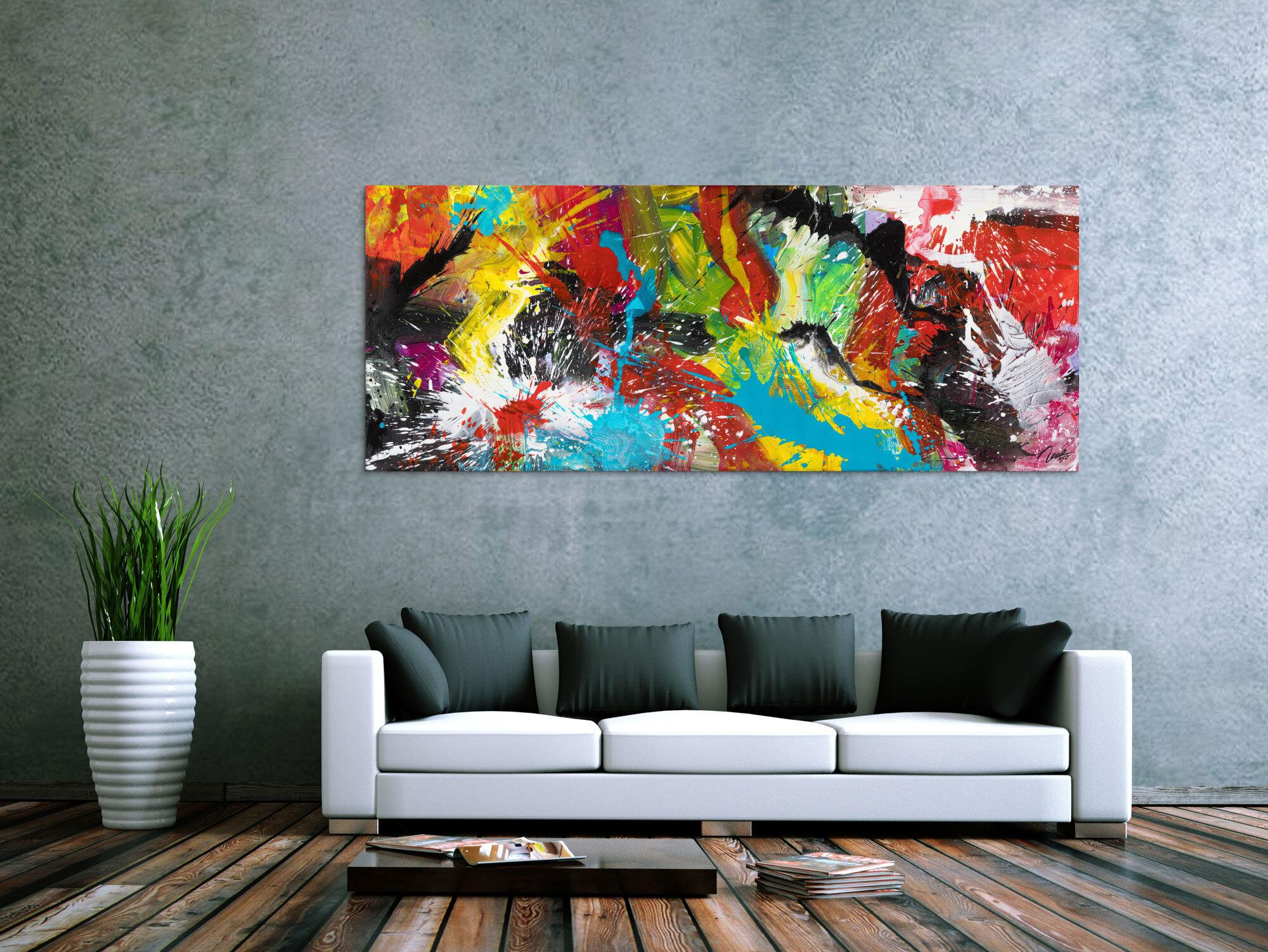 Original Gemälde abstrakt 80x200cm Action Painting zeitgenössisch handgemalt Mischtechnik bunt schwarz rot Einzelstück