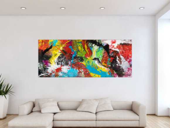 Original Gemälde abstrakt 80x200cm Action Painting zeitgenössisch handgemalt Mischtechnik bunt schwarz rot Einzelstück
