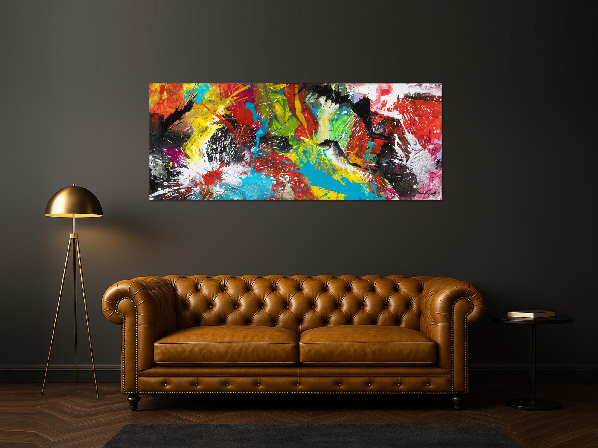 Original Gemälde abstrakt 80x200cm Action Painting zeitgenössisch handgemalt Mischtechnik bunt schwarz rot Einzelstück