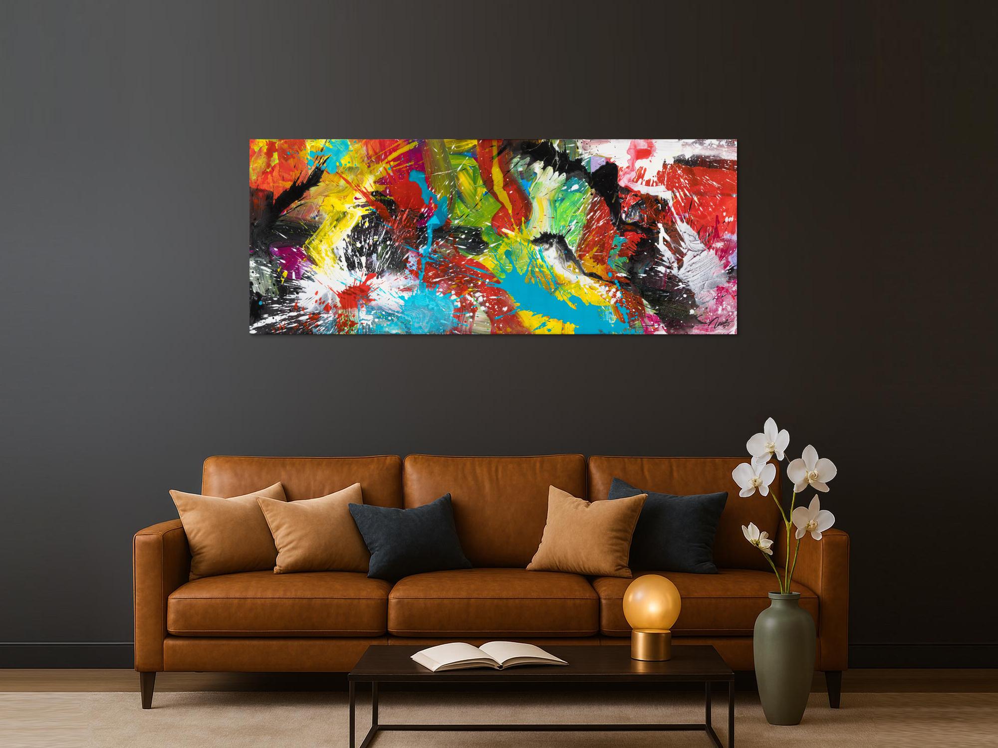Original Gemälde abstrakt 80x200cm Action Painting zeitgenössisch handgemalt Mischtechnik bunt schwarz rot Einzelstück