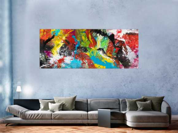 Original Gemälde abstrakt 80x200cm Action Painting zeitgenössisch handgemalt Mischtechnik bunt schwarz rot Einzelstück
