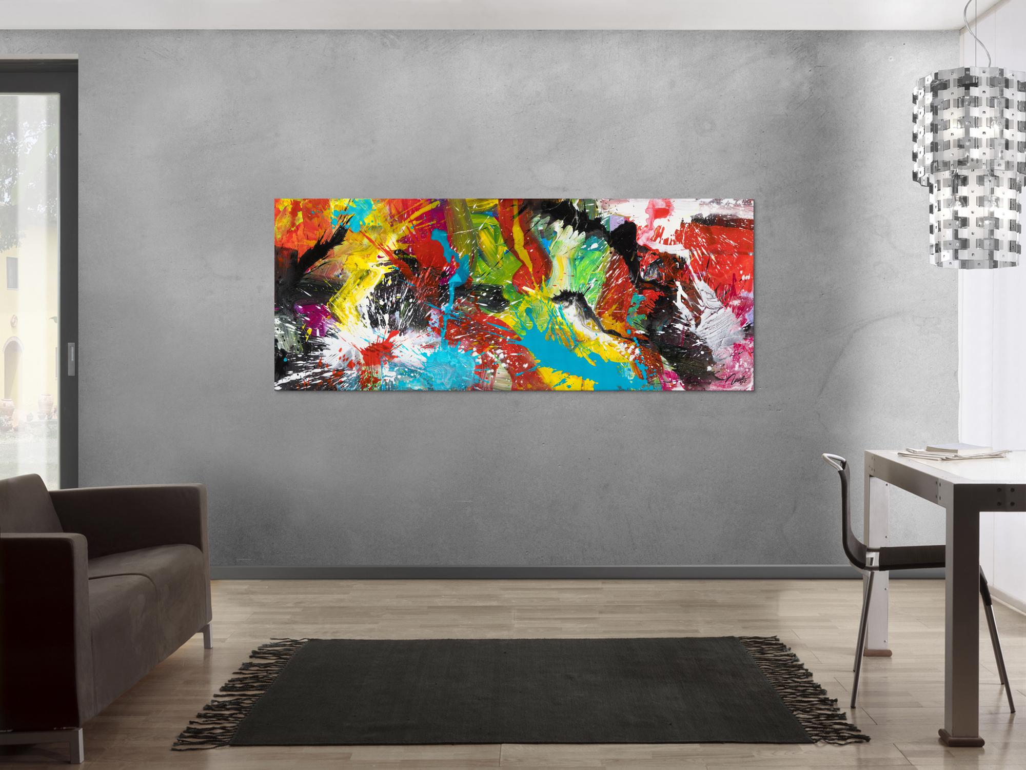 Original Gemälde abstrakt 80x200cm Action Painting zeitgenössisch handgemalt Mischtechnik bunt schwarz rot Einzelstück