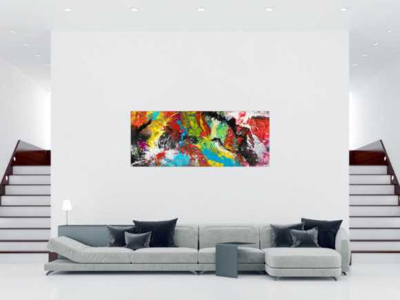 Original Gemälde abstrakt 80x200cm Action Painting zeitgenössisch handgemalt Mischtechnik bunt schwarz rot Einzelstück