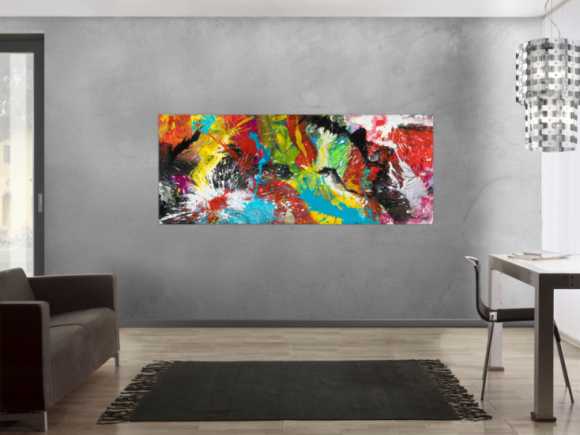 Abstraktes Original Gemälde 80x200cm Action Painting Modern Art handgemalt Mischtechnik bunt rot türkis schwarz Unikat