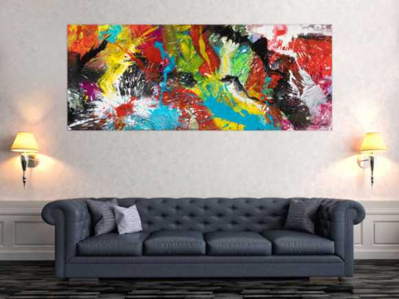 Original Gemälde abstrakt 80x200cm Action Painting zeitgenössisch handgemalt Mischtechnik bunt schwarz rot Einzelstück