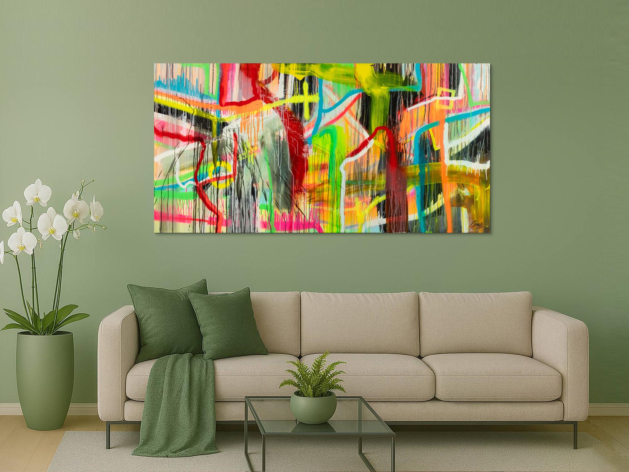 Original Gemälde abstrakt 100x200cm Action Painting zeitgenössisch auf Leinwand Spray Mischtechnik bunt neon einzigartig