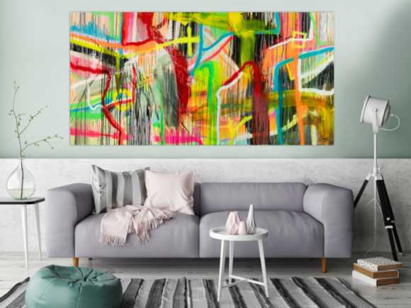 Original Gemälde abstrakt 100x200cm Action Painting zeitgenössisch auf Leinwand Spray Mischtechnik bunt neon einzigartig
