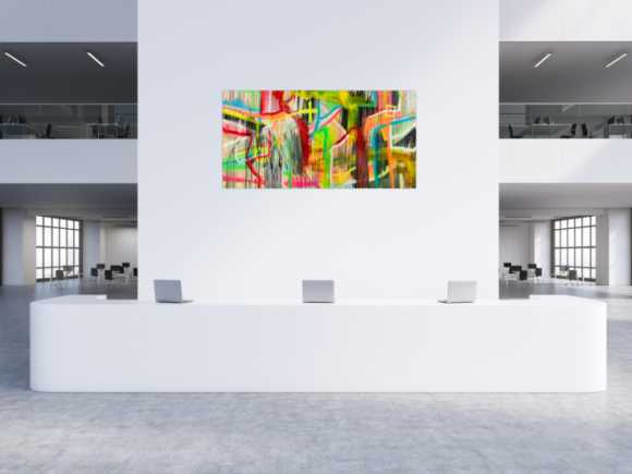 Original Gemälde abstrakt 100x200cm Action Painting zeitgenössisch auf Leinwand Spray Mischtechnik bunt neon einzigartig