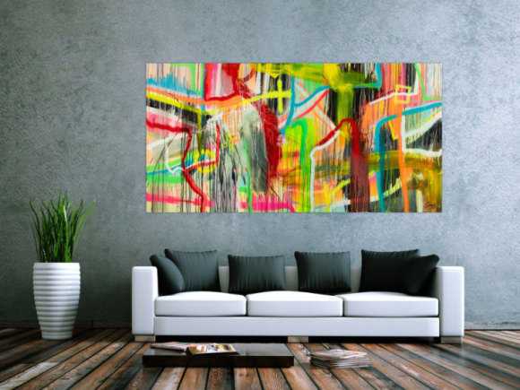 Original Gemälde abstrakt 100x200cm Action Painting zeitgenössisch auf Leinwand Spray Mischtechnik bunt neon einzigartig