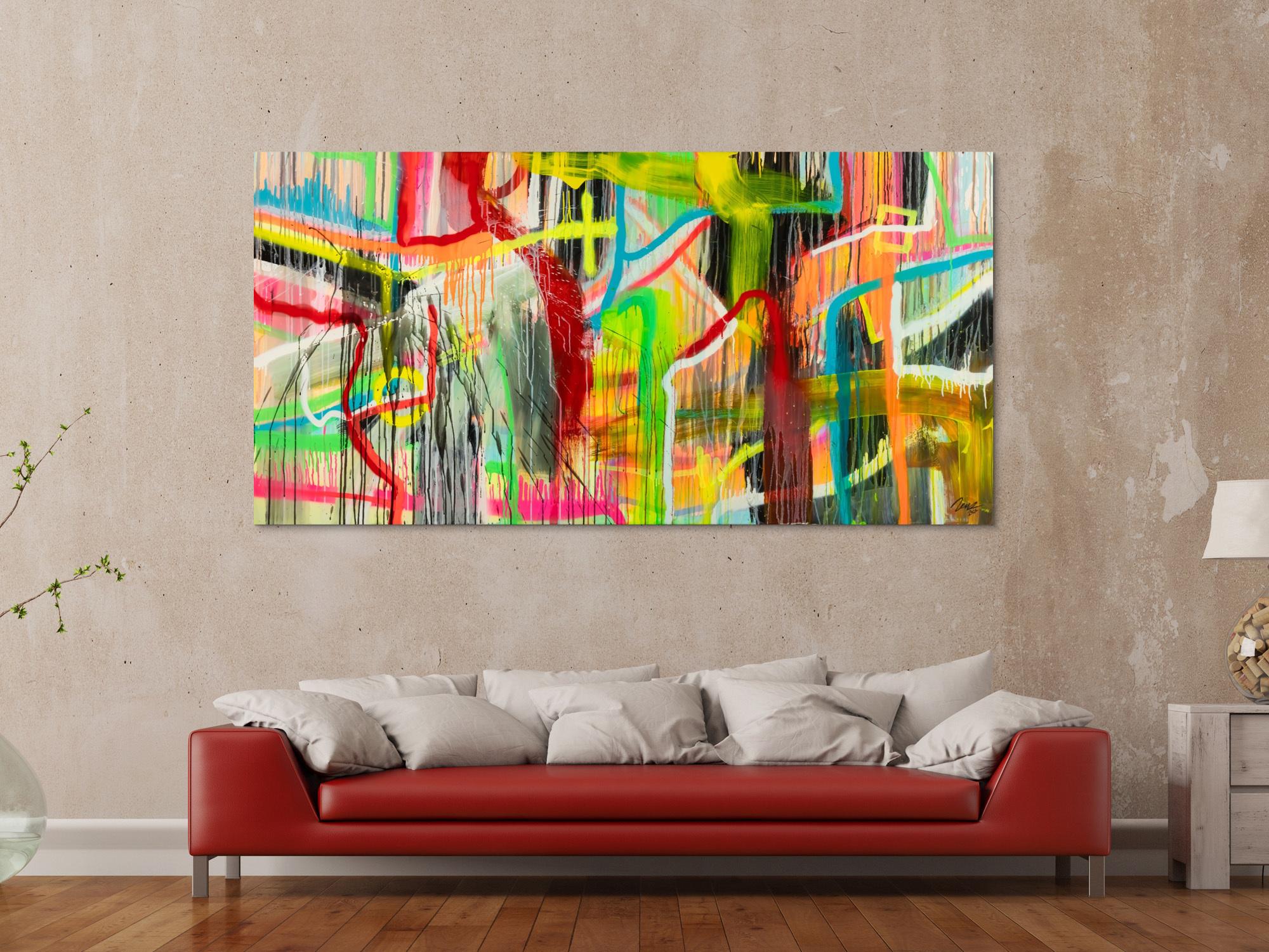 Original Gemälde abstrakt 100x200cm Action Painting zeitgenössisch auf Leinwand Spray Mischtechnik bunt neon einzigartig