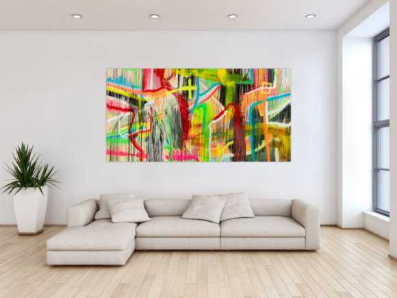 Original Gemälde abstrakt 100x200cm Action Painting zeitgenössisch auf Leinwand Spray Mischtechnik bunt neon einzigartig