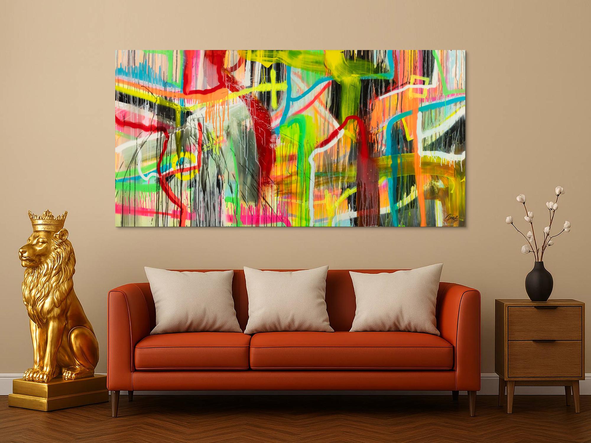 Original Gemälde abstrakt 100x200cm Action Painting zeitgenössisch auf Leinwand Spray Mischtechnik bunt neon einzigartig