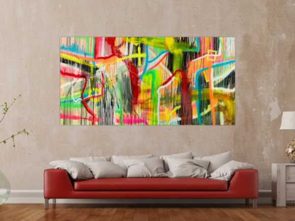 Original Gemälde abstrakt 100x200cm Action Painting zeitgenössisch auf Leinwand Spray Mischtechnik bunt neon einzigartig