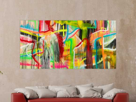 Original Gemälde abstrakt 100x200cm Action Painting zeitgenössisch auf Leinwand Spray Mischtechnik bunt neon einzigartig