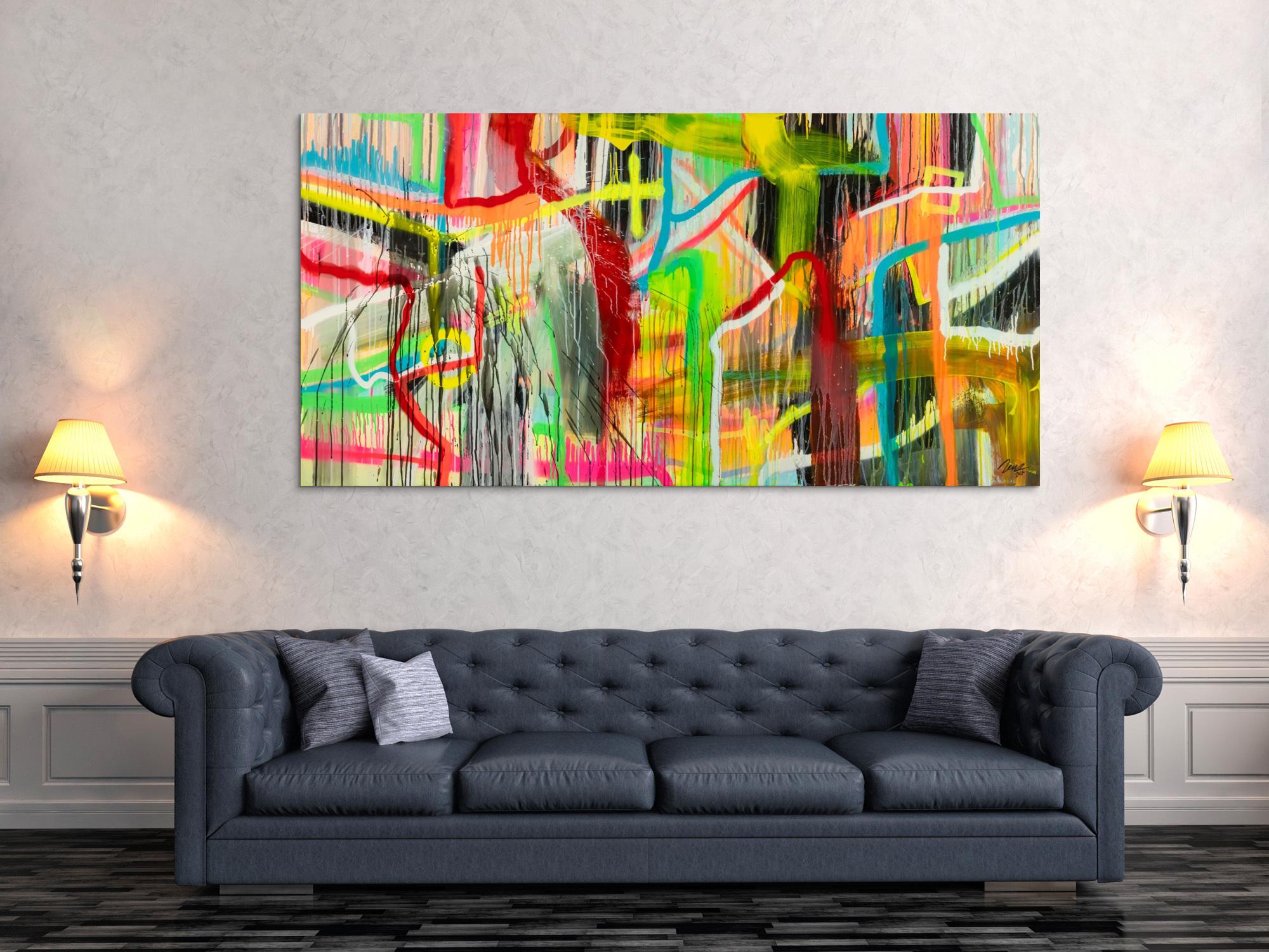 Original Gemälde abstrakt 100x200cm Action Painting zeitgenössisch auf Leinwand Spray Mischtechnik bunt neon einzigartig