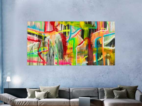 Original Gemälde abstrakt 100x200cm Action Painting zeitgenössisch auf Leinwand Spray Mischtechnik bunt neon einzigartig