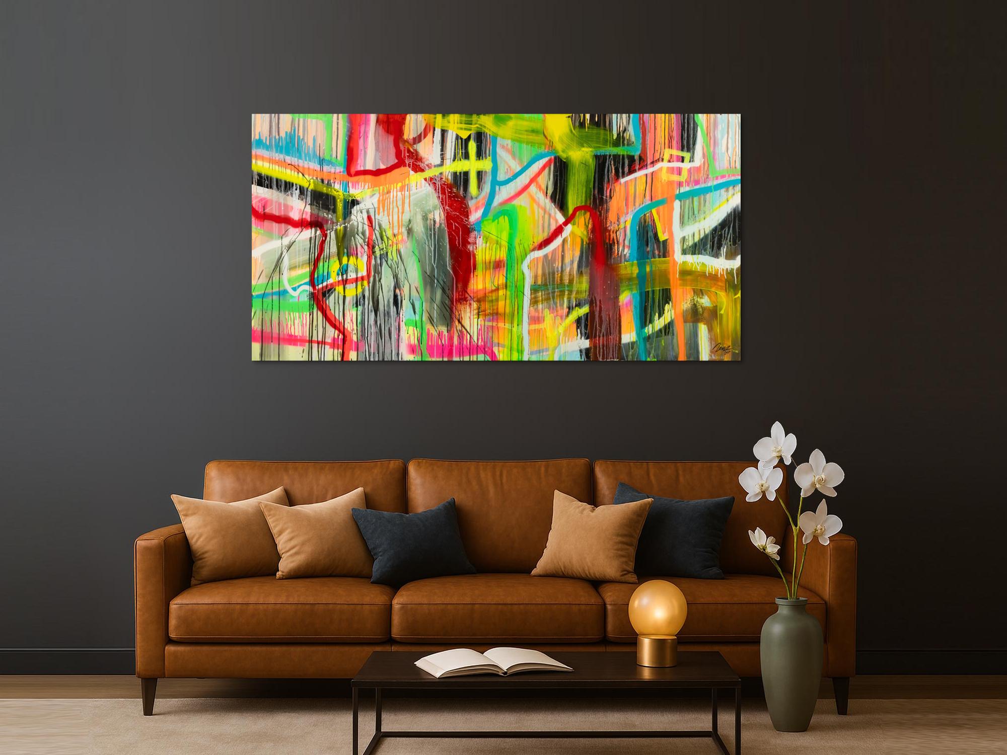 Original Gemälde abstrakt 100x200cm Action Painting zeitgenössisch auf Leinwand Spray Mischtechnik bunt neon einzigartig