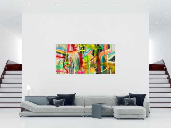 Original Gemälde abstrakt 100x200cm Action Painting zeitgenössisch auf Leinwand Spray Mischtechnik bunt neon einzigartig