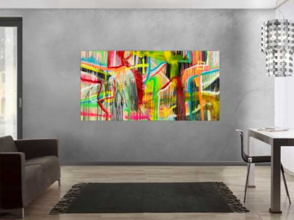 Original Gemälde abstrakt 100x200cm Action Painting zeitgenössisch auf Leinwand Spray Mischtechnik bunt neon einzigartig