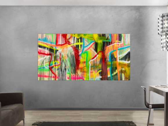 Original Gemälde abstrakt 100x200cm Action Painting zeitgenössisch auf Leinwand Spray Mischtechnik bunt neon einzigartig