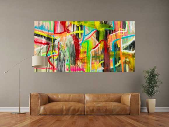 Original Gemälde abstrakt 100x200cm Action Painting zeitgenössisch auf Leinwand Spray Mischtechnik bunt neon einzigartig