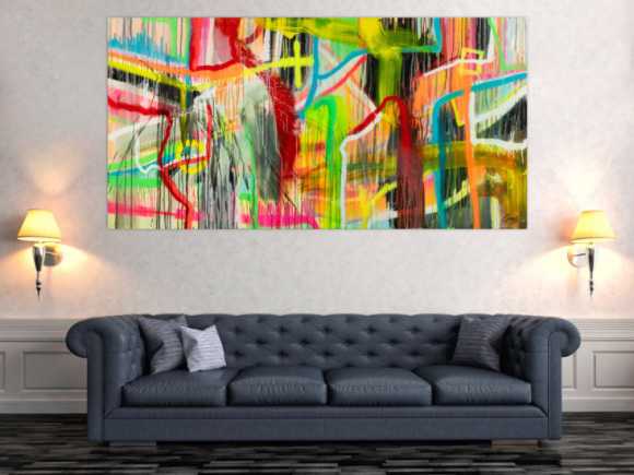 Original Gemälde abstrakt 100x200cm Action Painting zeitgenössisch auf Leinwand Spray Mischtechnik bunt neon einzigartig