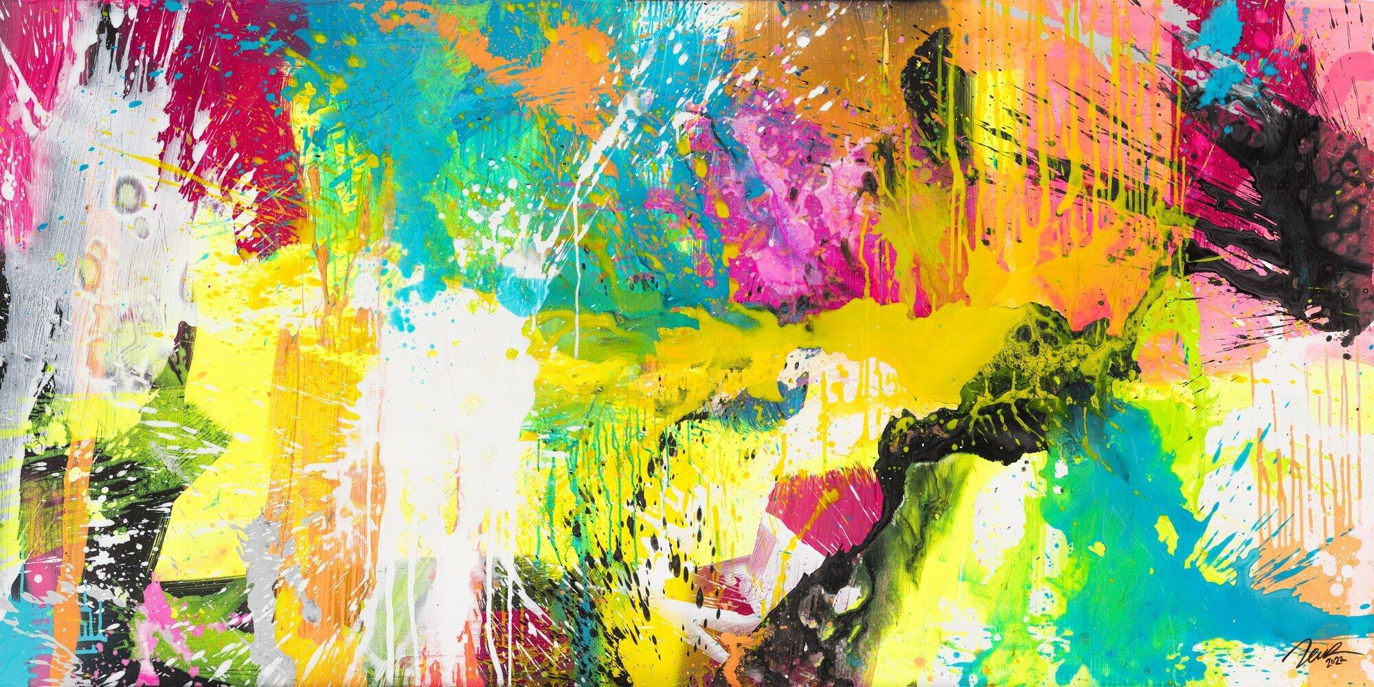 Abstraktes Original Gemälde 100x200cm Action Painting Modern Art handgemalt Mischtechnik neon bunt viele Farben