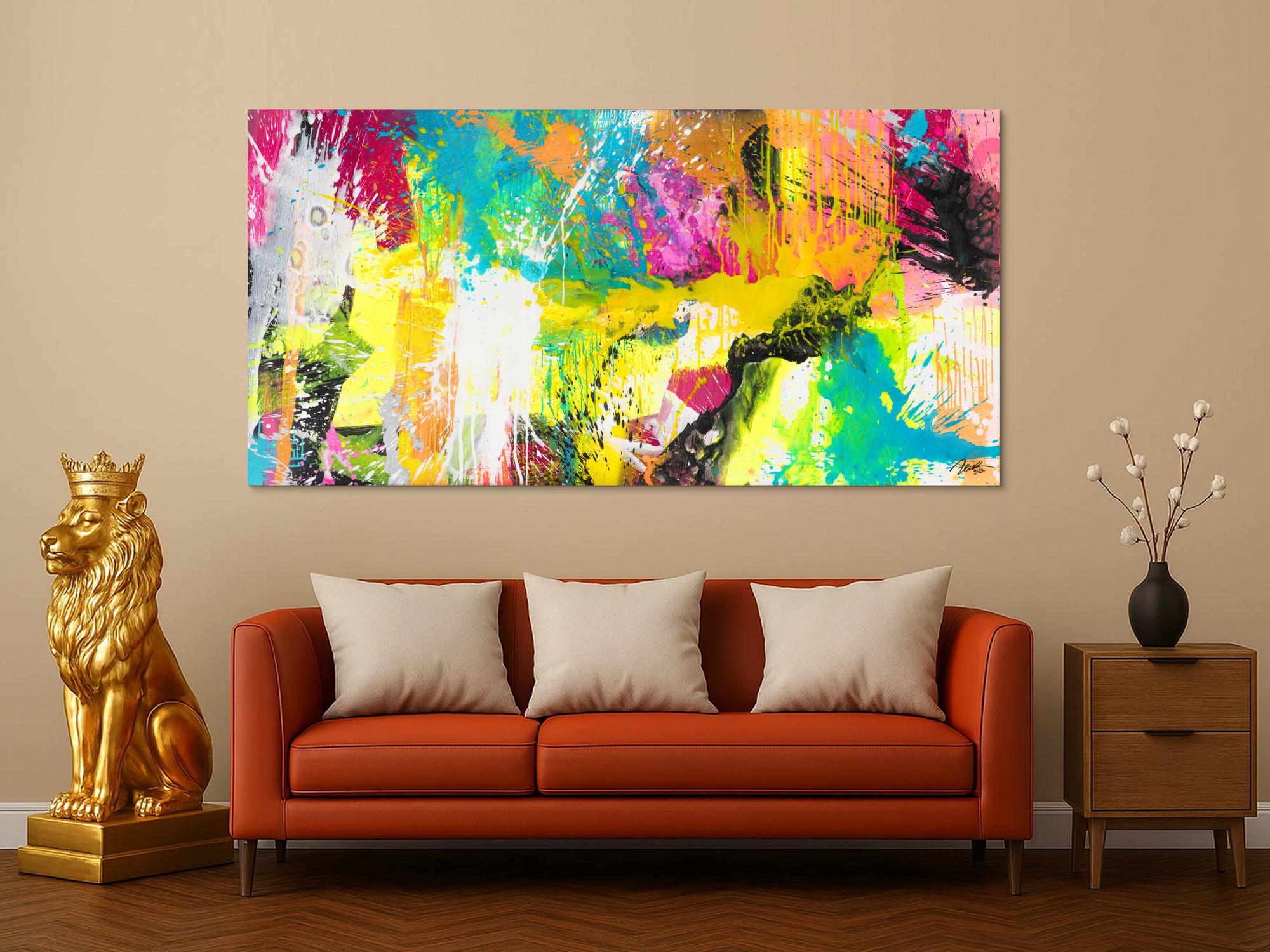 Abstraktes Original Gemälde 100x200cm Action Painting Modern Art handgemalt Mischtechnik neon bunt viele Farben