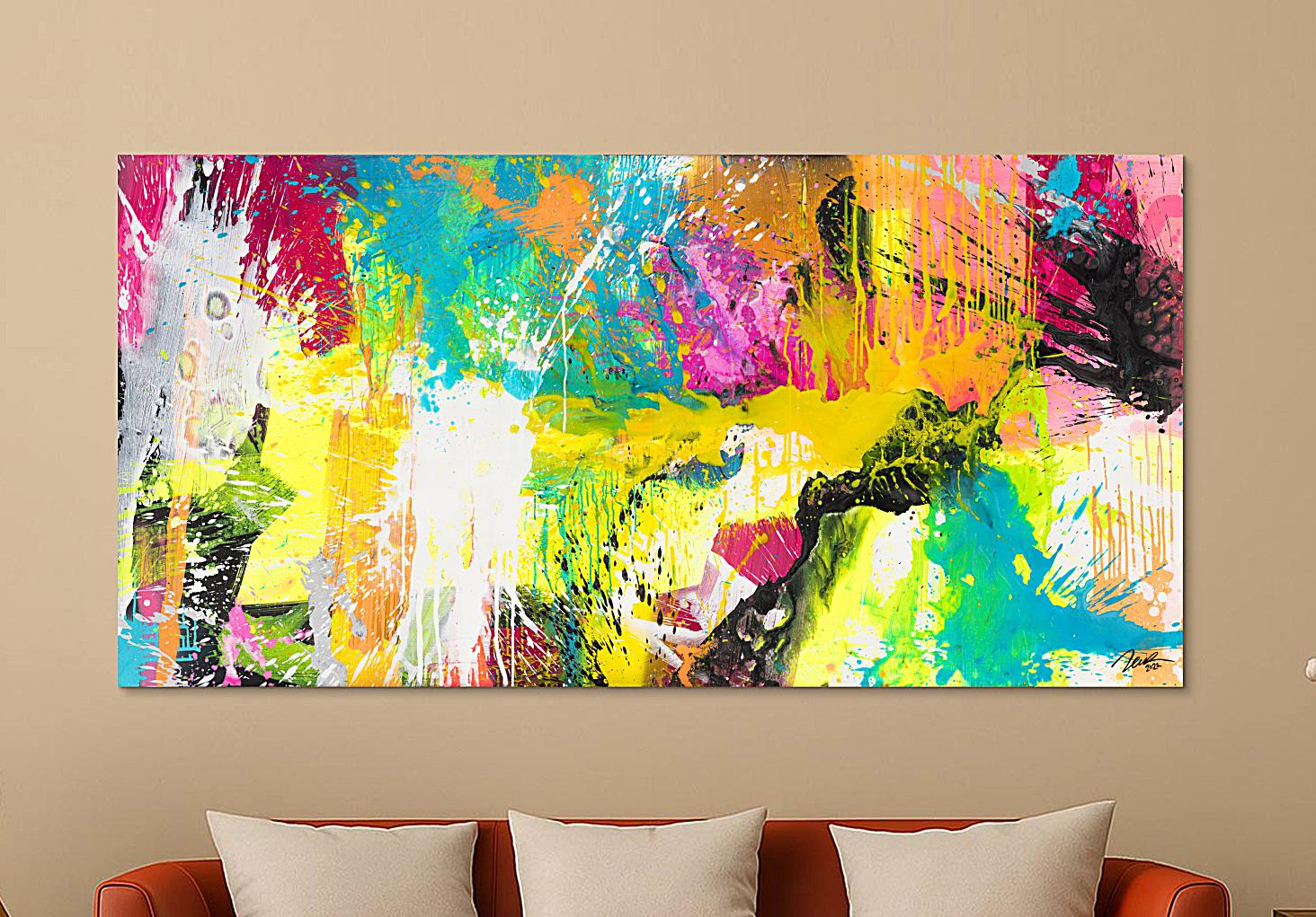 Abstraktes Original Gemälde 100x200cm Action Painting Modern Art handgemalt Mischtechnik neon bunt viele Farben