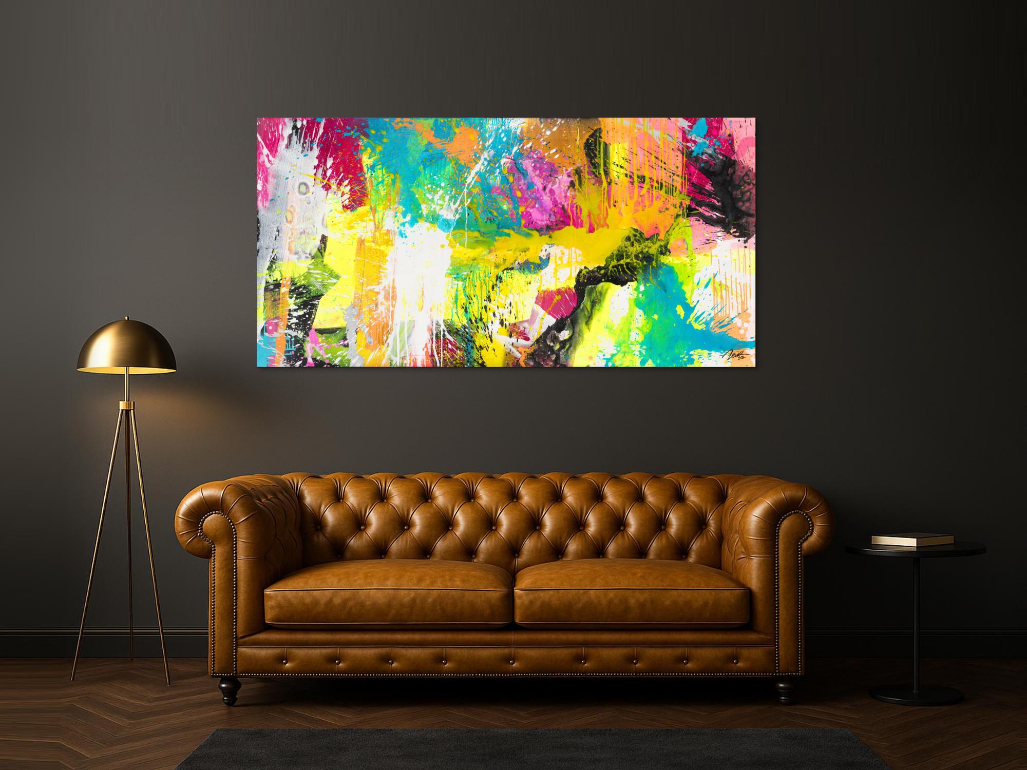 Abstraktes Original Gemälde 100x200cm Action Painting Modern Art handgemalt Mischtechnik neon bunt viele Farben