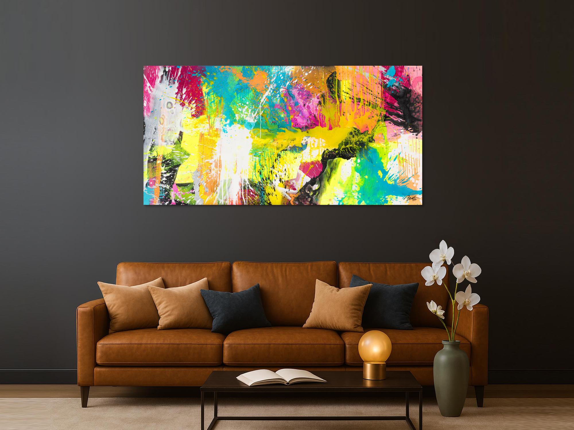 Abstraktes Original Gemälde 100x200cm Action Painting Modern Art handgemalt Mischtechnik neon bunt viele Farben