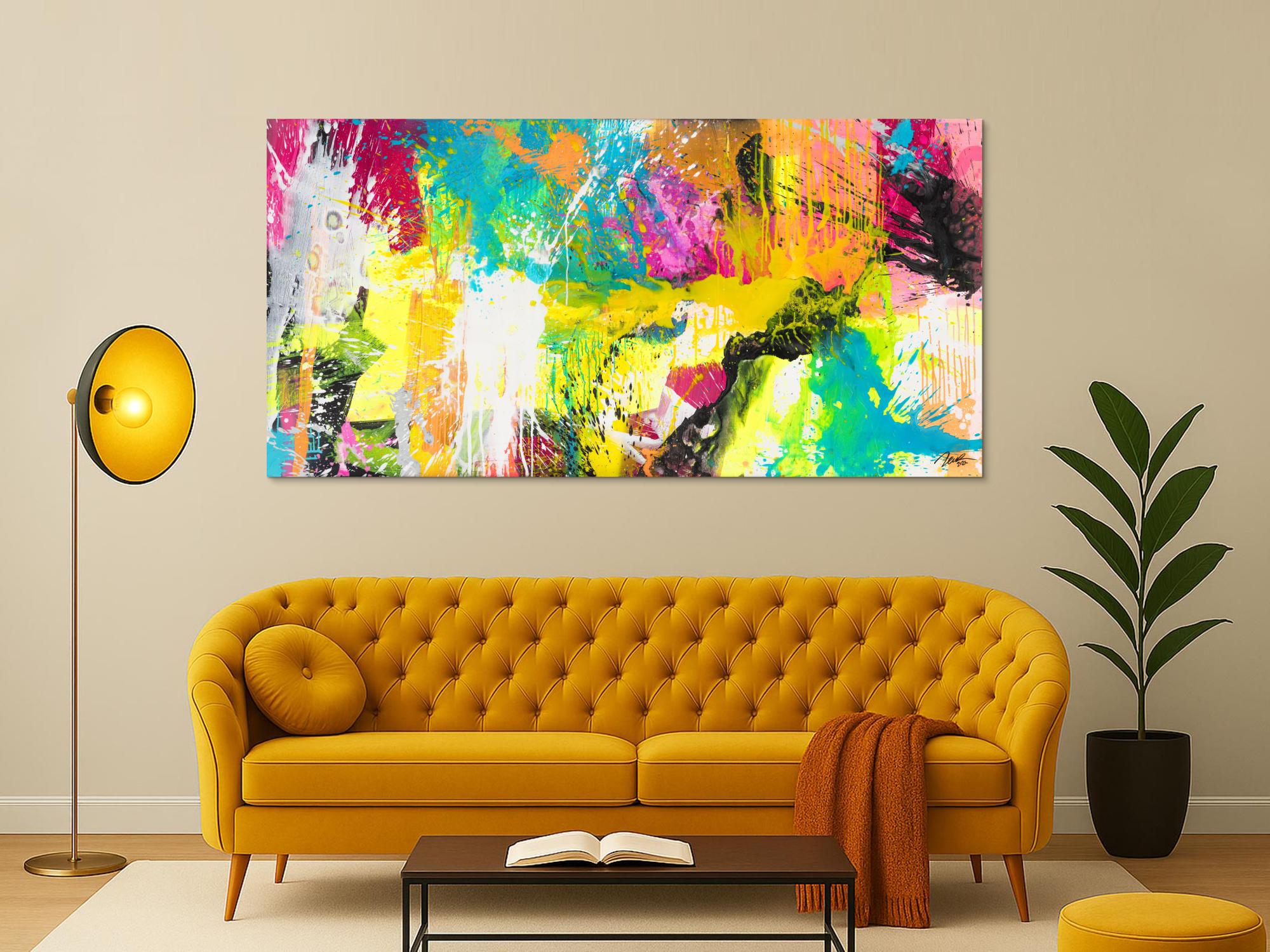 Abstraktes Original Gemälde 100x200cm Action Painting Modern Art handgemalt Mischtechnik neon bunt viele Farben