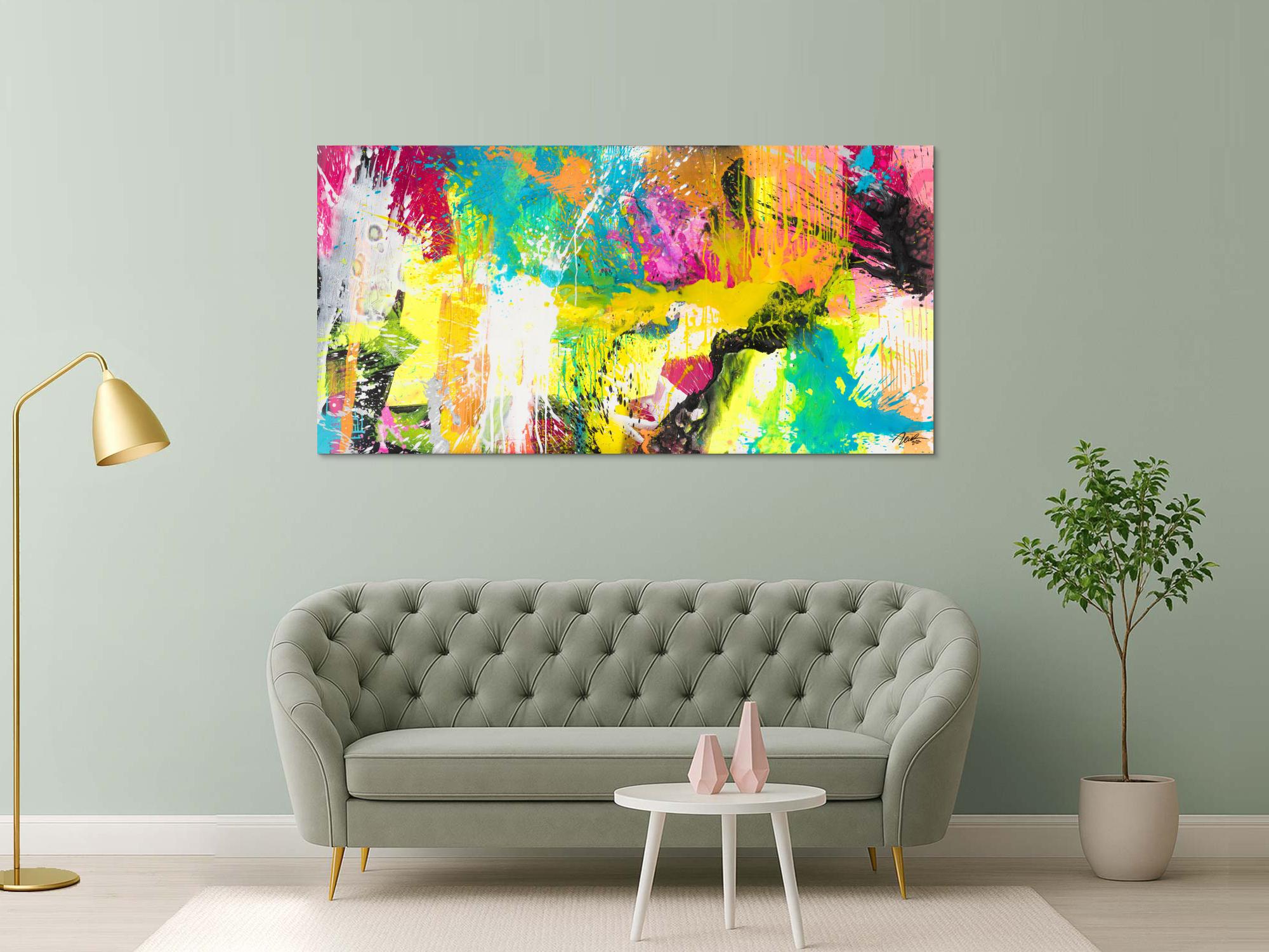 Abstraktes Original Gemälde 100x200cm Action Painting Modern Art handgemalt Mischtechnik neon bunt viele Farben