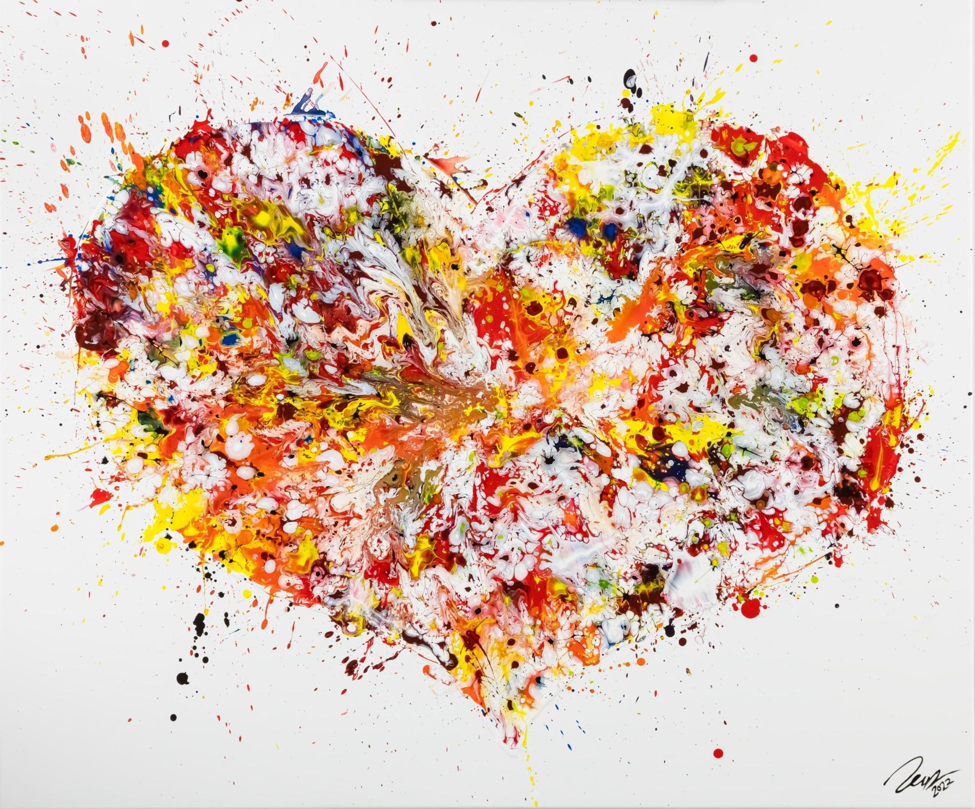 Abstraktes Original Gemälde 100x120cm Action Painting zeitgenössisch handgefertigt Fluid Painting weiß orange gelb Einzelstück