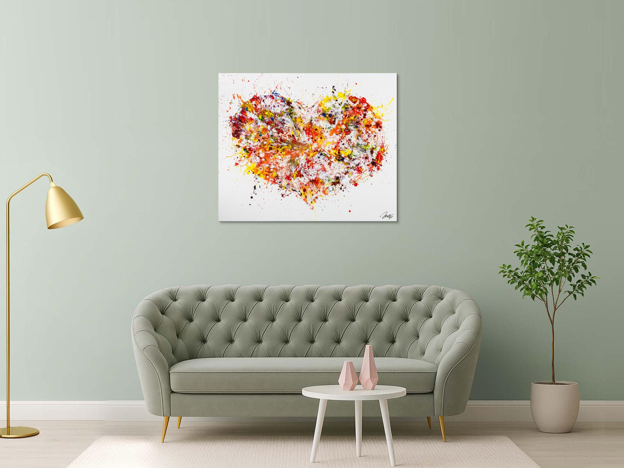 Abstraktes Original Gemälde 100x120cm Action Painting zeitgenössisch handgefertigt Fluid Painting weiß orange gelb Einzelstück