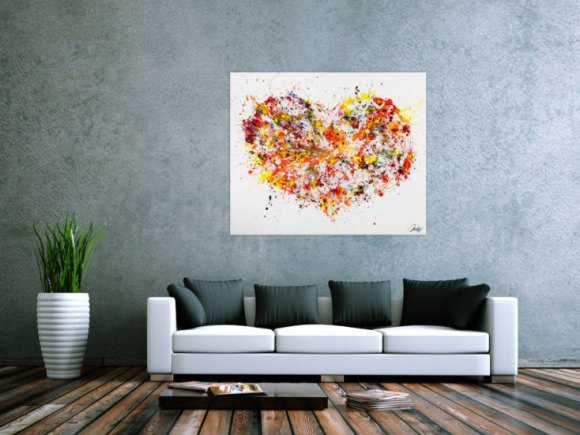 Abstraktes Original Gemälde 100x120cm Action Painting zeitgenössisch handgefertigt Fluid Painting weiß orange gelb Einzelstück