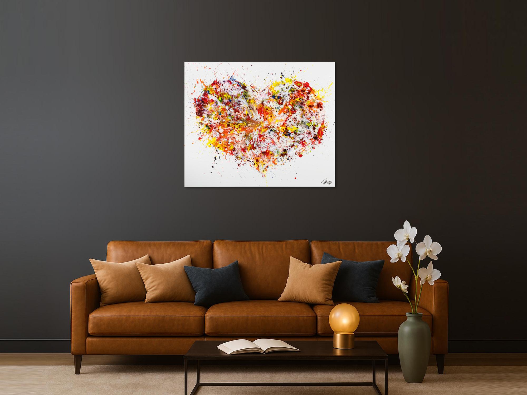 Abstraktes Original Gemälde 100x120cm Action Painting zeitgenössisch handgefertigt Fluid Painting weiß orange gelb Einzelstück