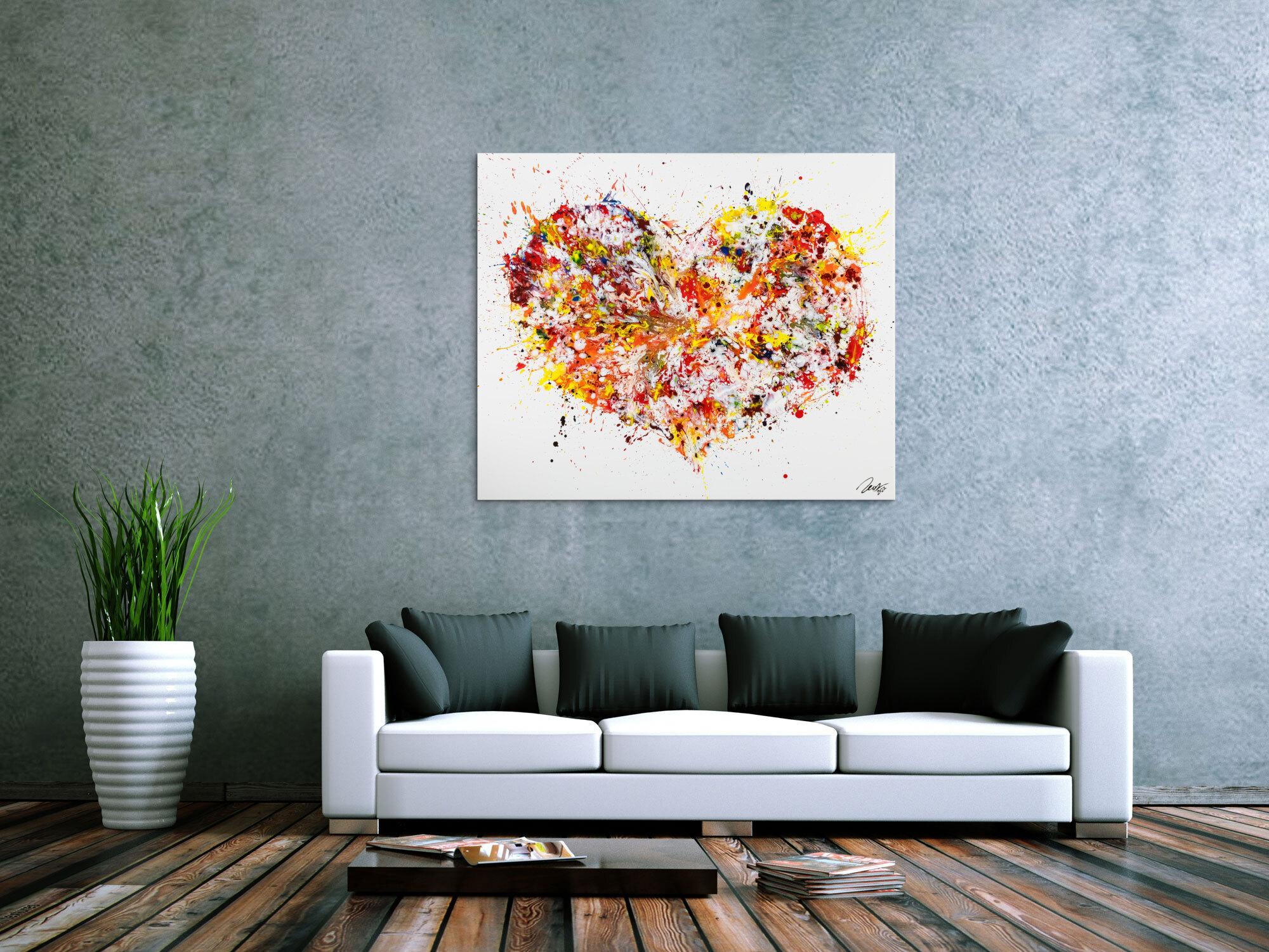 Abstraktes Original Gemälde 100x120cm Action Painting zeitgenössisch handgefertigt Fluid Painting weiß orange gelb Einzelstück