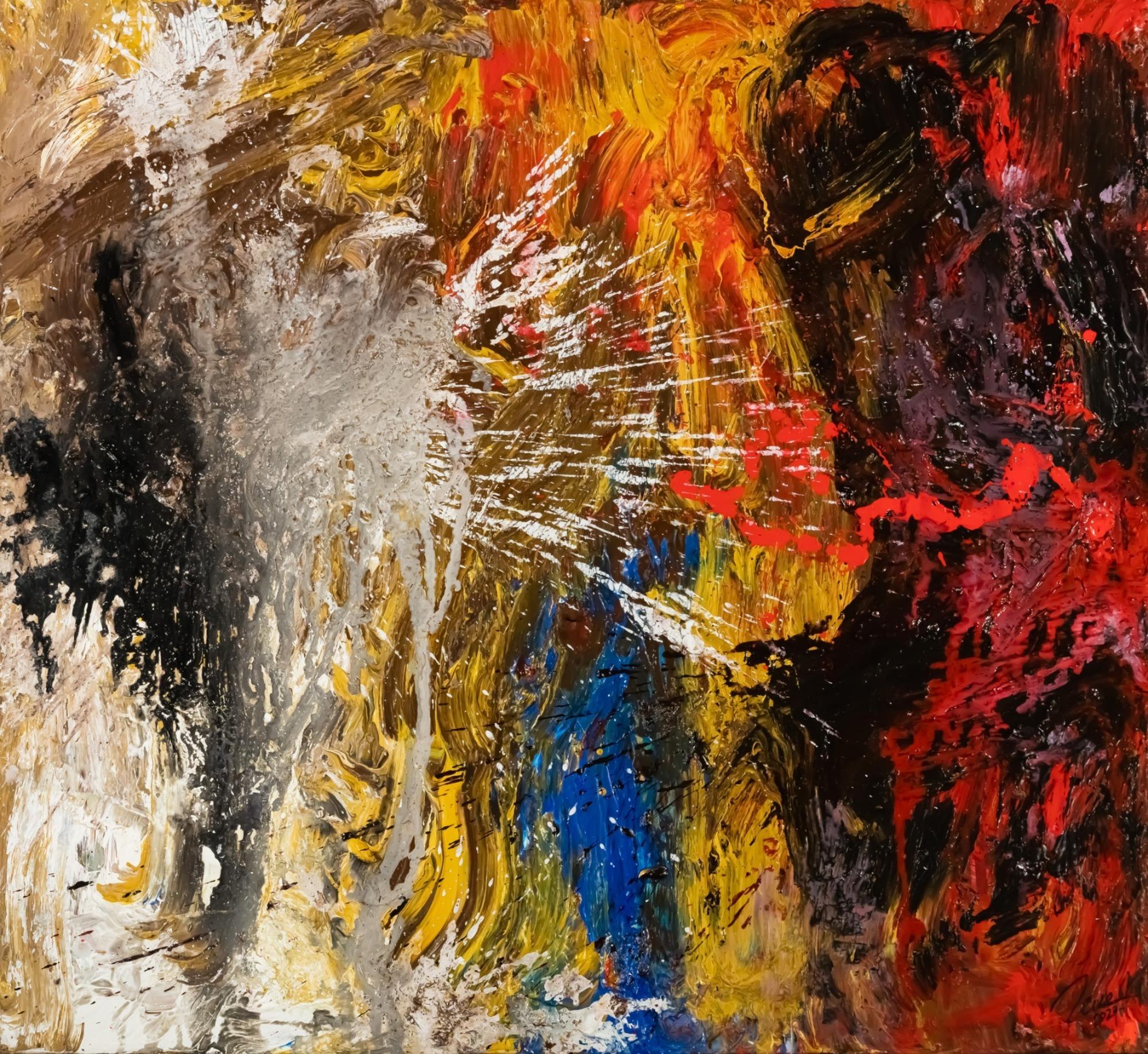 Abstraktes Original Gemälde 120x110cm Action Painting Moderne Kunst handgemalt Mischtechnik schwarz gold rot hochwertig