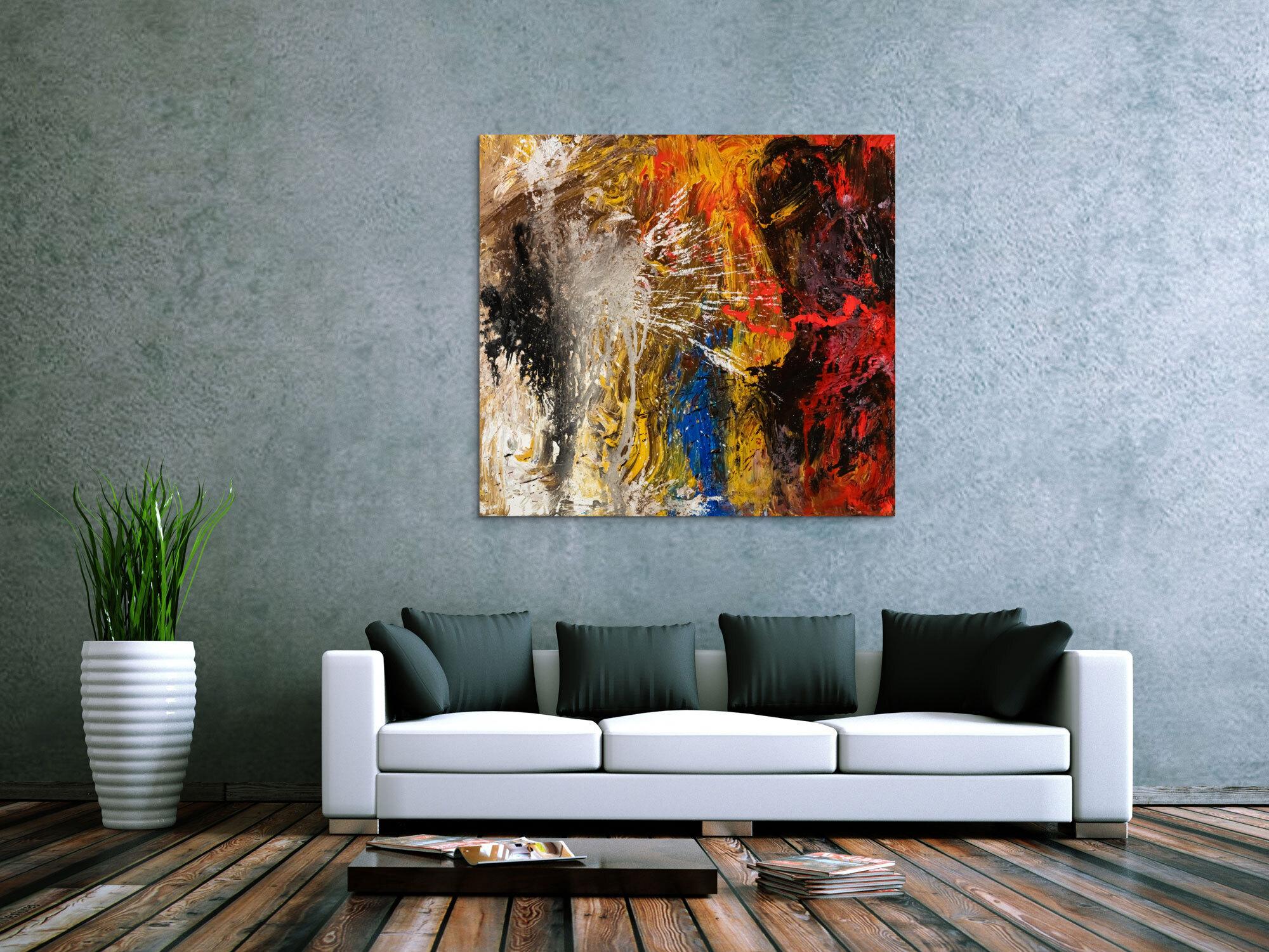 Abstraktes Original Gemälde 120x110cm Action Painting Moderne Kunst handgemalt Mischtechnik schwarz gold rot hochwertig