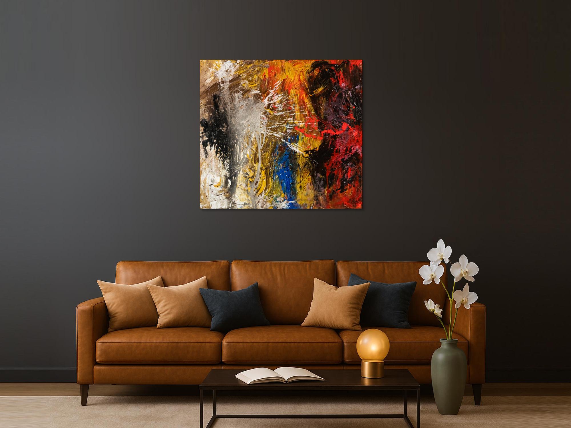 Abstraktes Original Gemälde 120x110cm Action Painting Moderne Kunst handgemalt Mischtechnik schwarz gold rot hochwertig