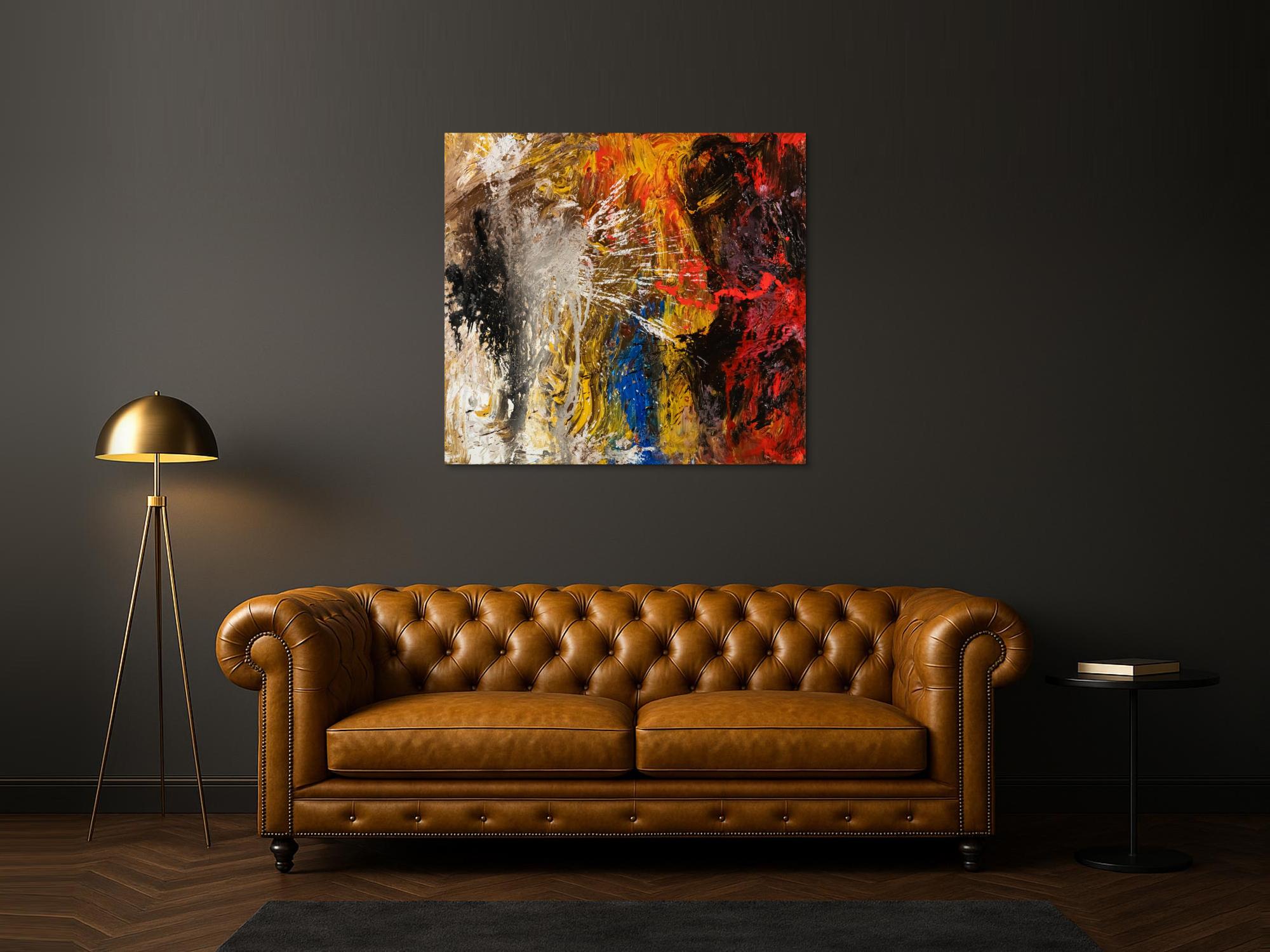 Abstraktes Original Gemälde 120x110cm Action Painting Moderne Kunst handgemalt Mischtechnik schwarz gold rot hochwertig