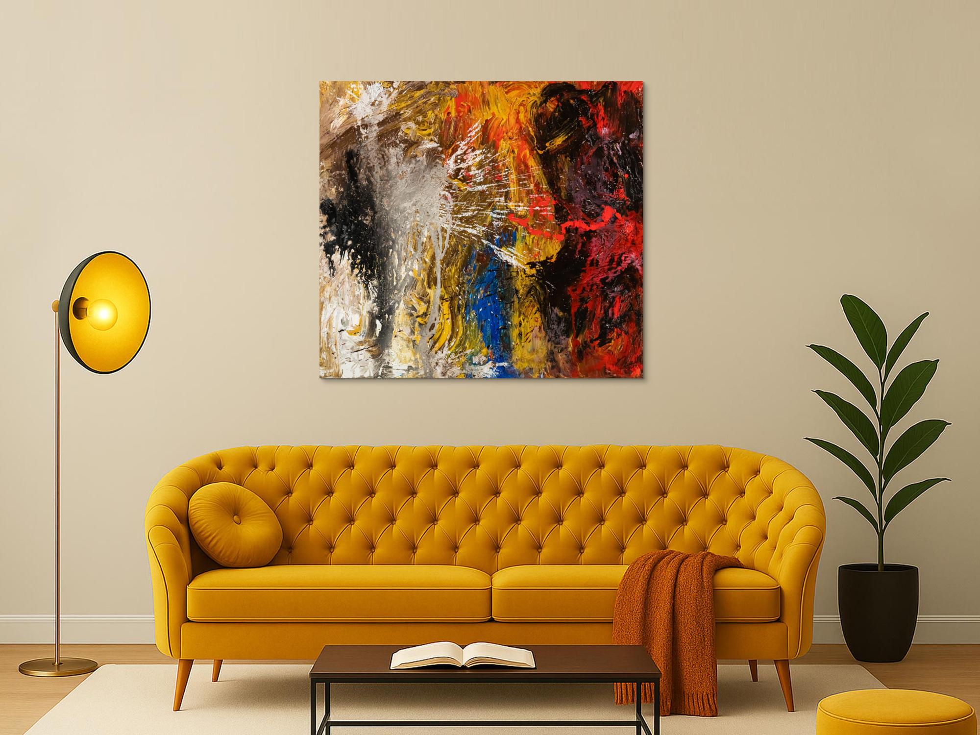 Abstraktes Original Gemälde 120x110cm Action Painting Moderne Kunst handgemalt Mischtechnik schwarz gold rot hochwertig