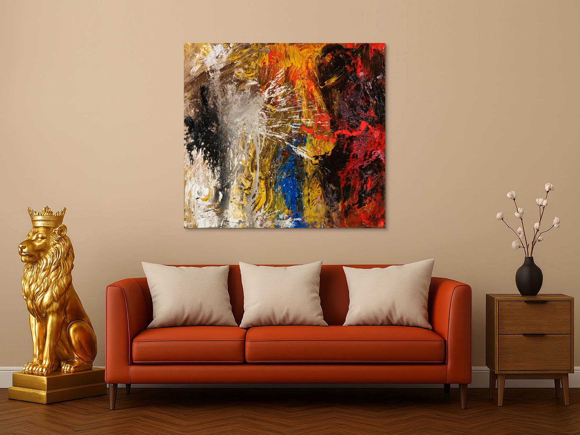 Abstraktes Original Gemälde 120x110cm Action Painting Moderne Kunst handgemalt Mischtechnik schwarz gold rot hochwertig