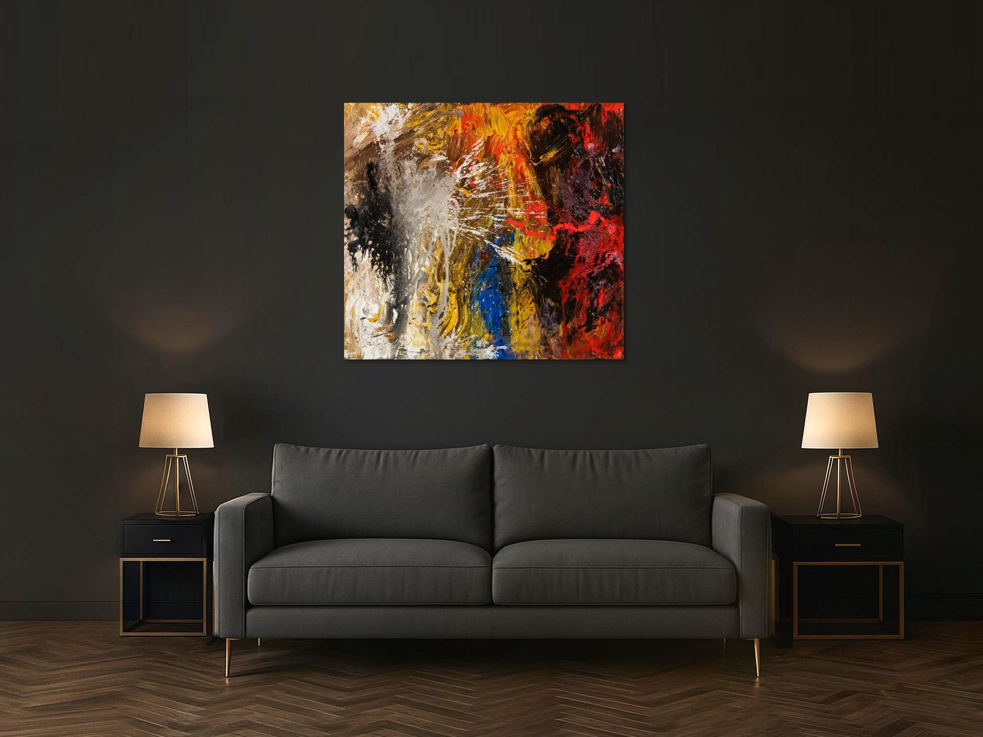 Abstraktes Original Gemälde 120x110cm Action Painting Moderne Kunst handgemalt Mischtechnik schwarz gold rot hochwertig