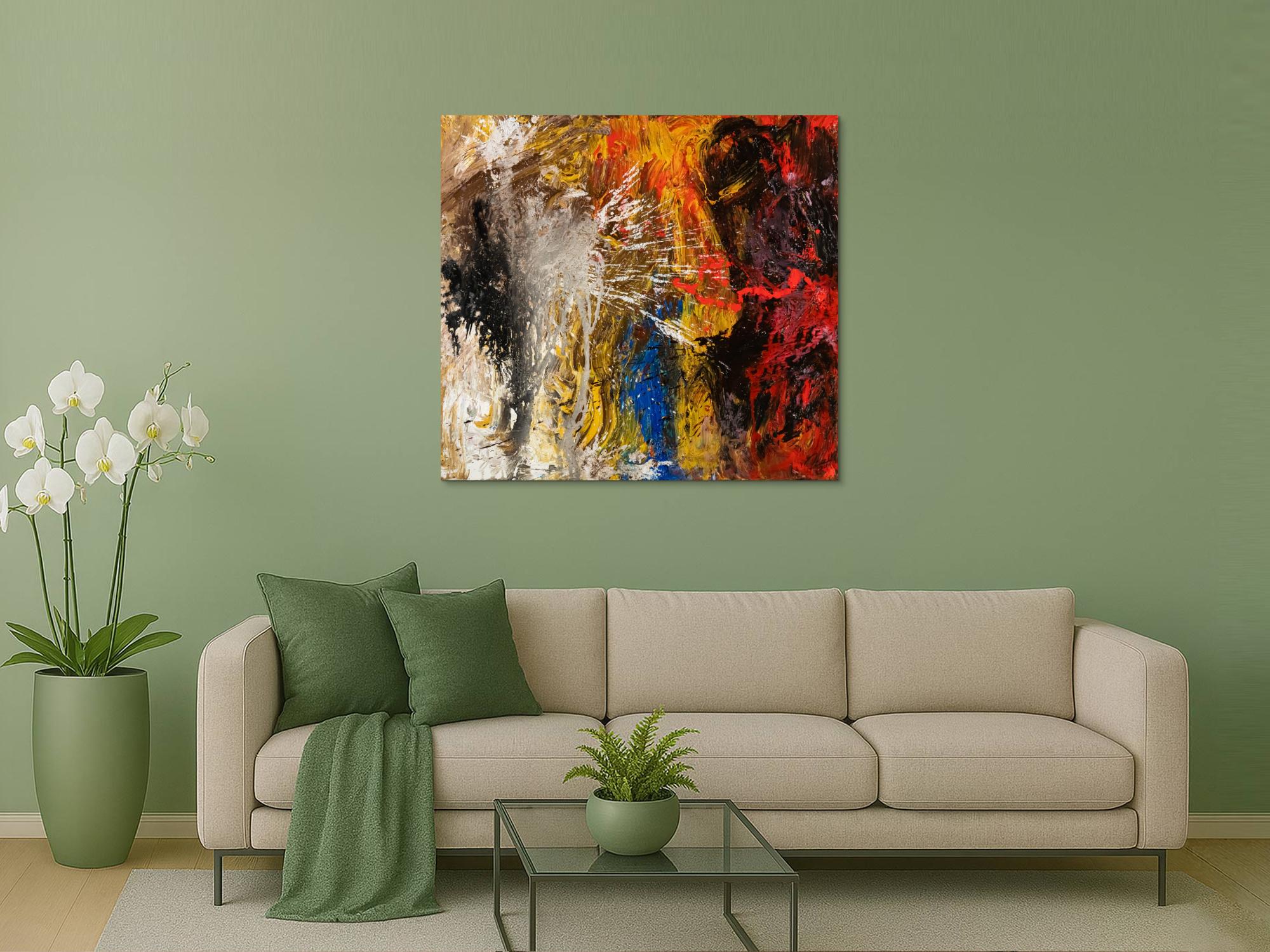 Abstraktes Original Gemälde 120x110cm Action Painting Moderne Kunst handgemalt Mischtechnik schwarz gold rot hochwertig