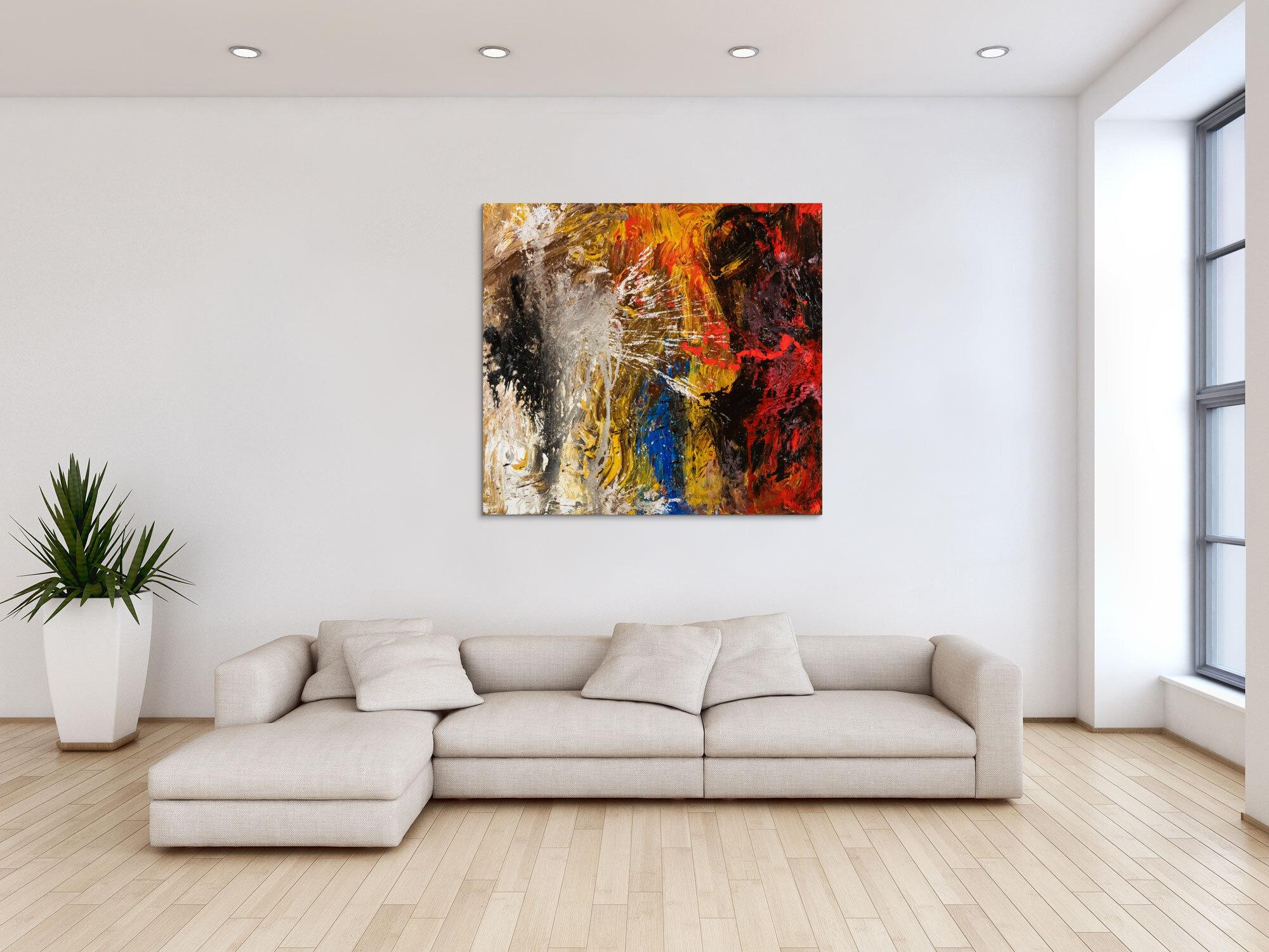 Abstraktes Original Gemälde 120x110cm Action Painting Moderne Kunst handgemalt Mischtechnik schwarz gold rot hochwertig