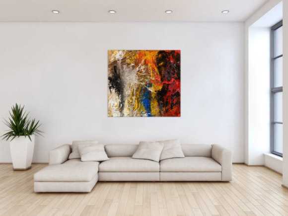 Abstraktes Original Gemälde 120x110cm Action Painting Moderne Kunst handgemalt Mischtechnik schwarz gold rot hochwertig